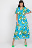 Women's Dress – Multicolor Floral Print V-Neck Flowy Midi Dress with Short Sleeves and Tie Waist